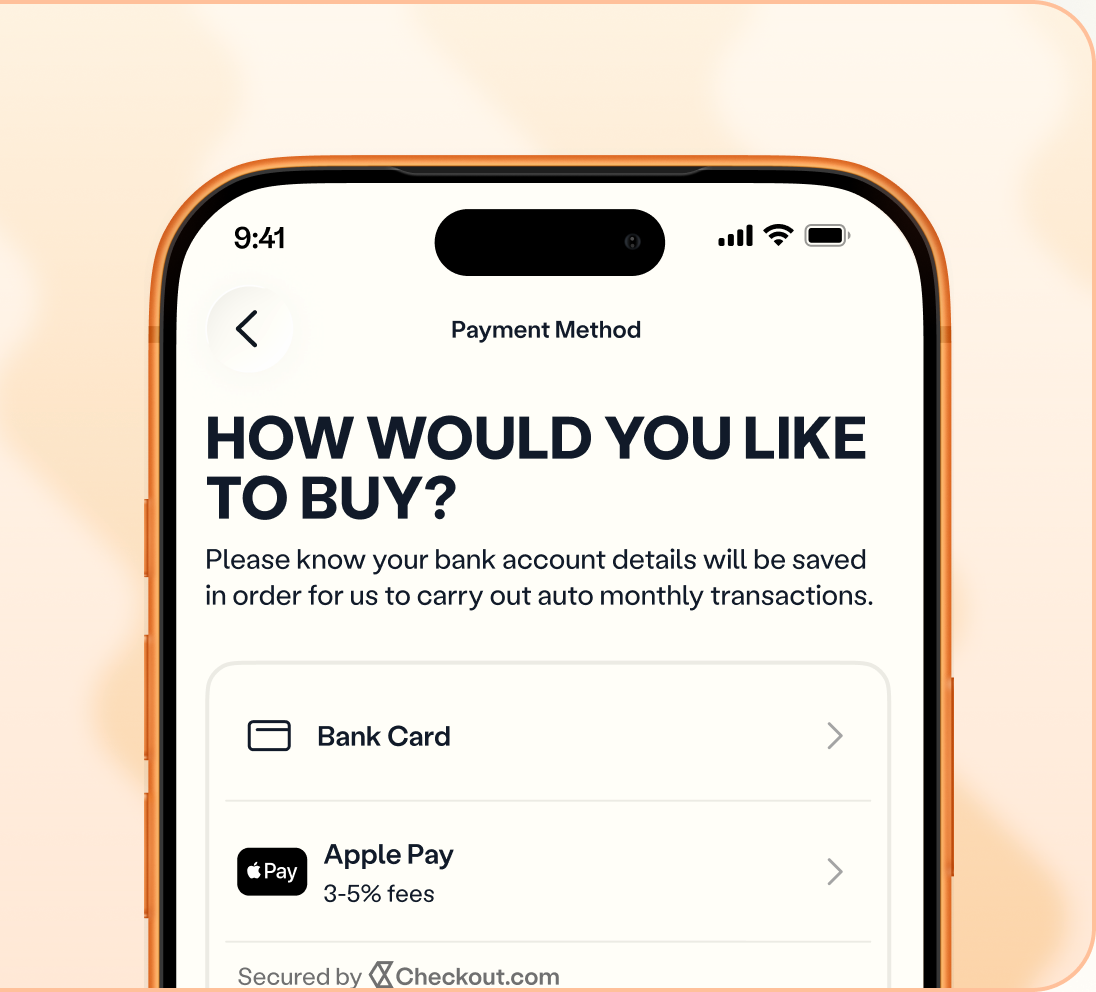 Venga app: choose bank card or Apple Pay